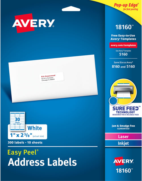 Avery Address Labels 5160, 1" x 2-5/8", Laser/Inkjet, White, 300-Pack
