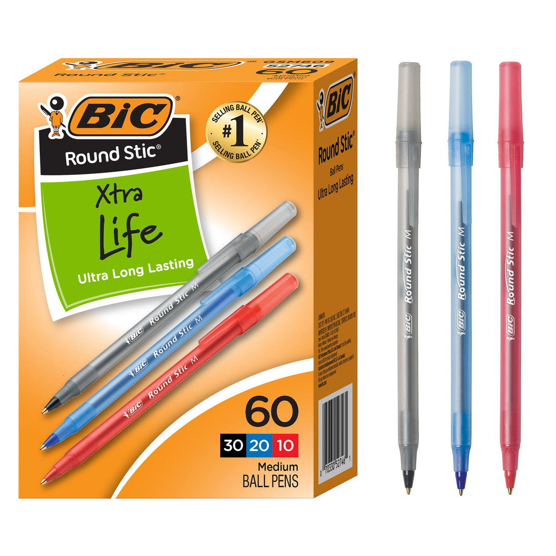 BIC Round Stic Xtra Life Ballpoint Pens, Medium, Black, 60-Count