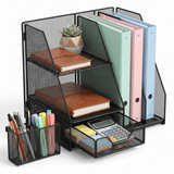 WEEUSE Mesh Desk Organizer with Drawer & 2 Pen Holders, Black