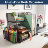 WEEUSE Mesh Desk Organizer with Drawer & 2 Pen Holders, Black